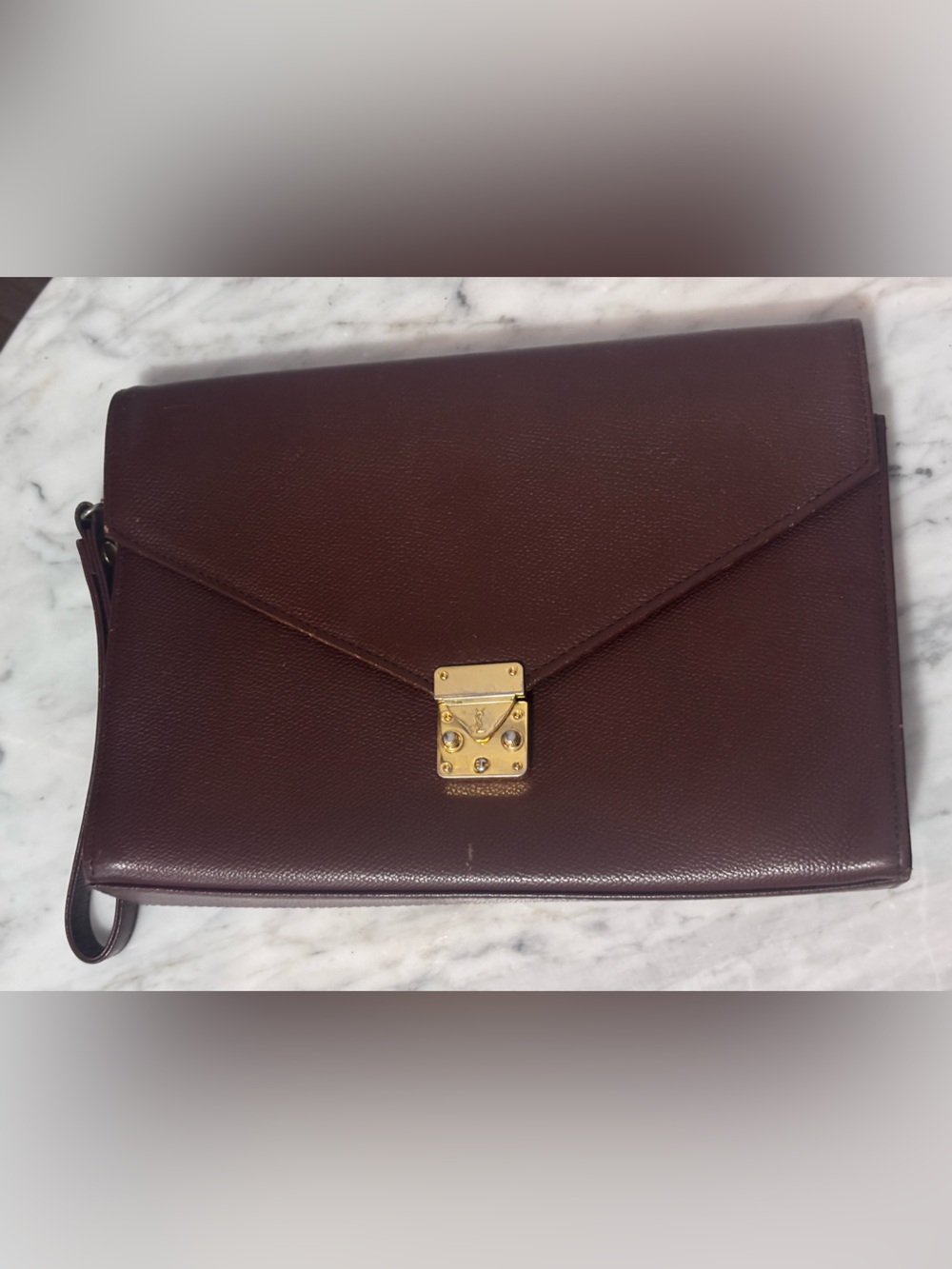 Yves Saint Laurent Brown Leather Clutch with Gold Plaque